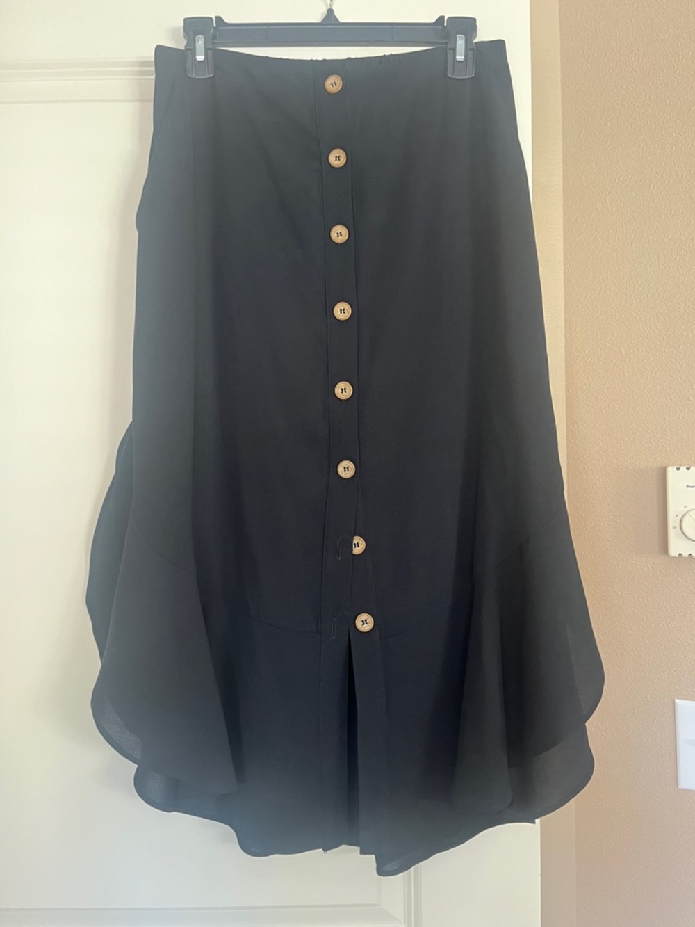 Lulu's Black Button-Front Midi Skirt with Wood-Tone Buttons